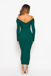 Ribbed Body Con V Neck Dress in Emerald