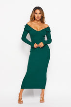 Load image into Gallery viewer, Ribbed Body Con V Neck Dress in Emerald

