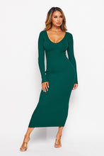 Load image into Gallery viewer, Ribbed Body Con V Neck Dress in Emerald
