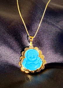 Baby Blue Jade Buddha Necklace in Gold