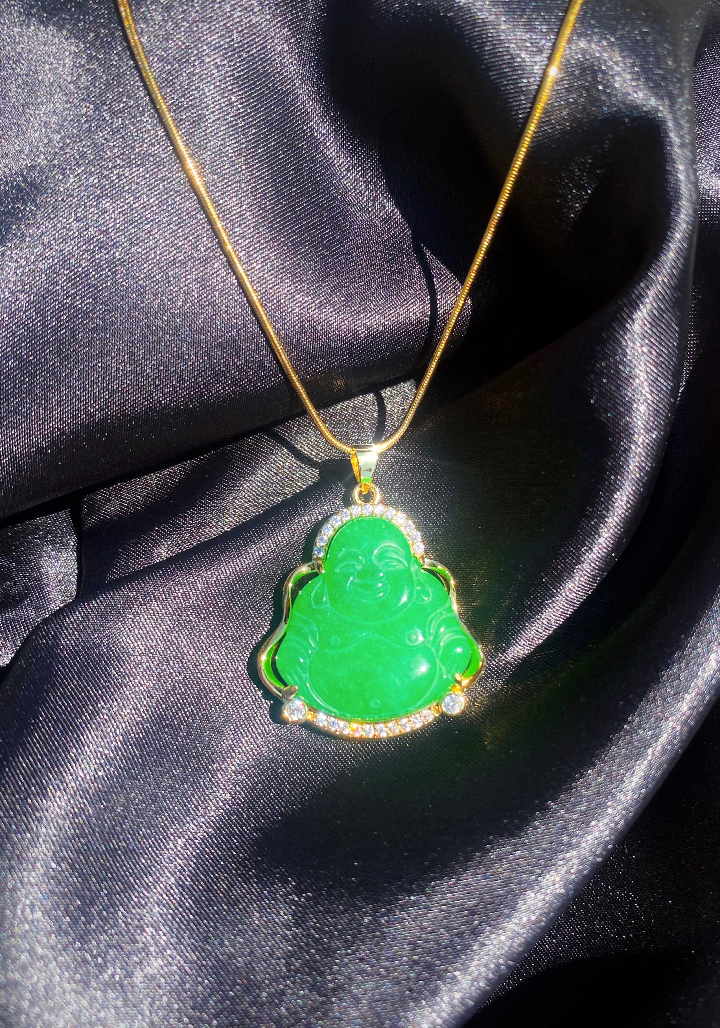 14k Gold over Good luck Dark Green Jade Laughing Buddha Rope Chain Necklace  | eBay