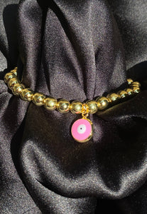 Pink Evil Eye Bead Bracelet in Gold